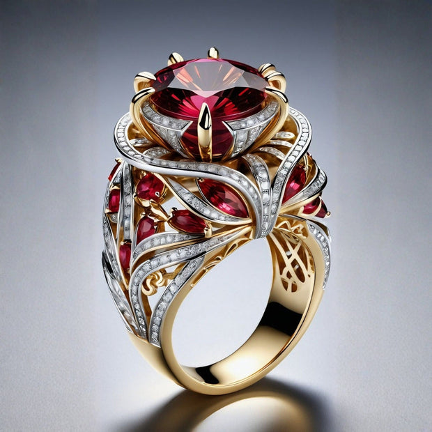 Exotic Red & Zirconia Crystal Gold Ring