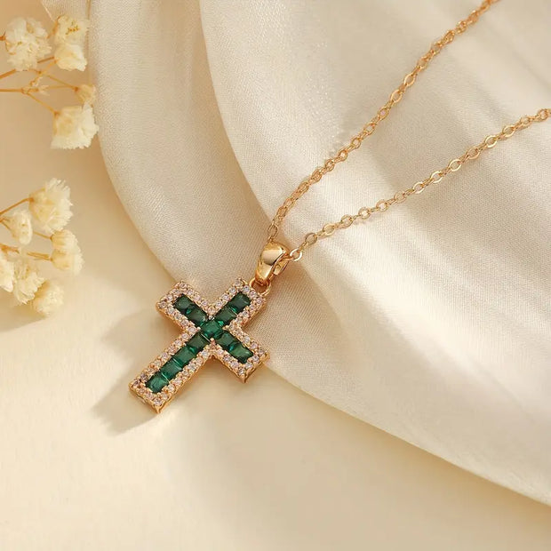 Emerald Cross Pendant Gold Necklace