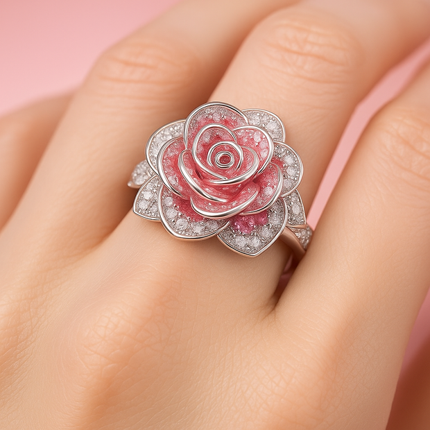 Exotic Pink Blossom Silvered Ring