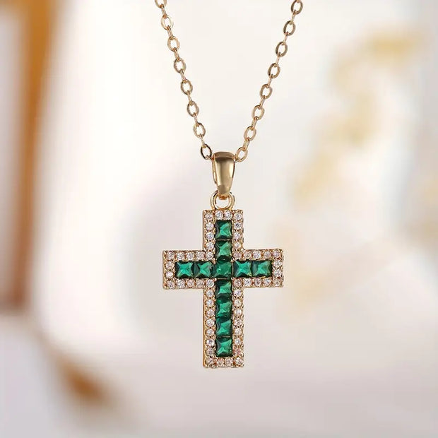 Emerald Cross Pendant Gold Necklace