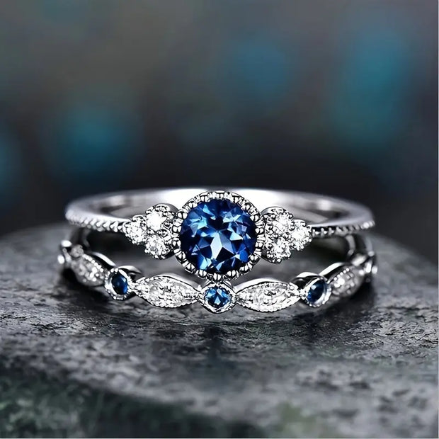 Sophisticated Silver Sapphire Ring Set