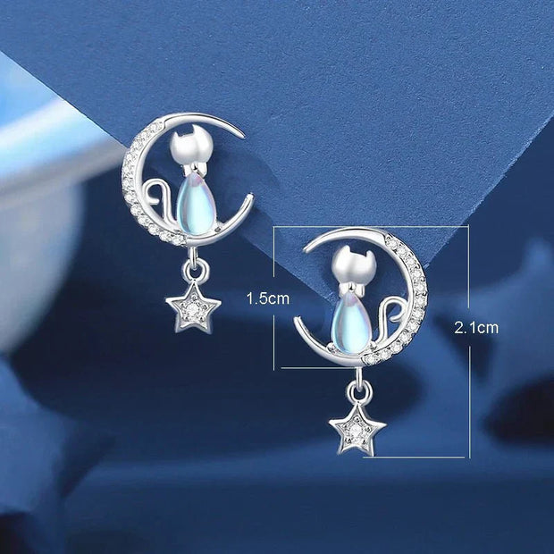 Silver Moon & Star Cat Earrings With Zircon