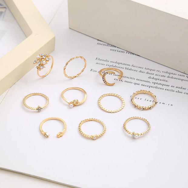 Set of 10 Bohemian Silver and Gold-Plated Rings