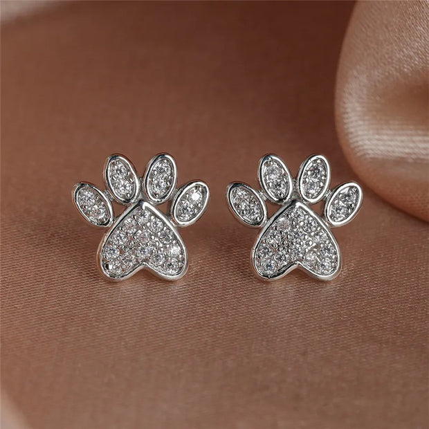 White Zirconia Paw Heart-Shaped Earrings