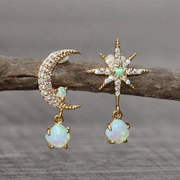 Opal and Gold Moon & Star Earrings
