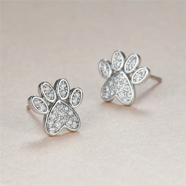 White Zirconia Paw Heart-Shaped Earrings