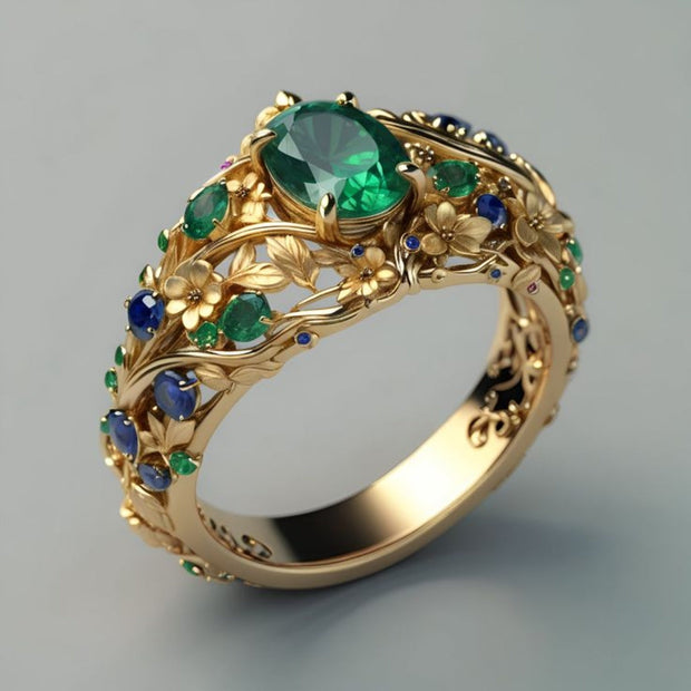 Green & Blue Crystal Gold Ring