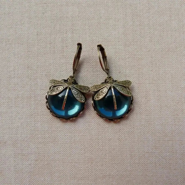 Spherical Dragonfly Earrings In Antique Gold