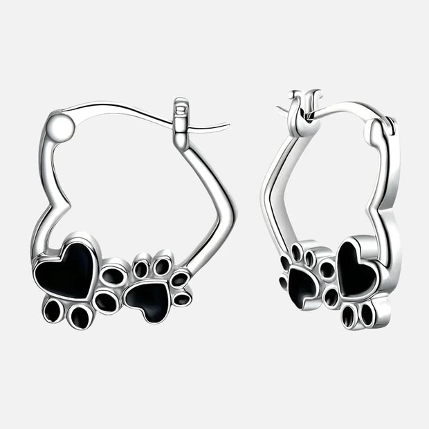 Heart Paw Huggie Earrings with Black Enamel