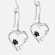 Silver Drop Earrings with Heart & Paw Design