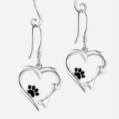 Silver Drop Earrings with Heart & Paw Design
