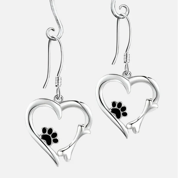Silver Drop Earrings with Heart & Paw Design