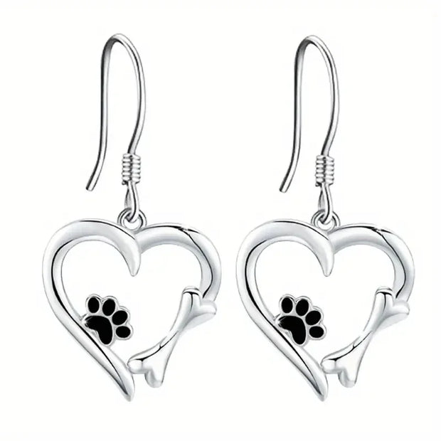 Silver Drop Earrings with Heart & Paw Design