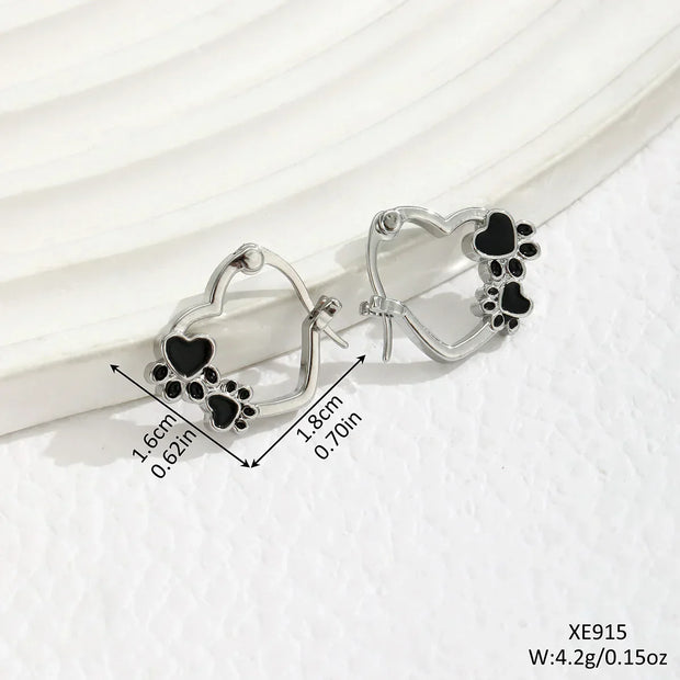 Heart Paw Huggie Earrings with Black Enamel