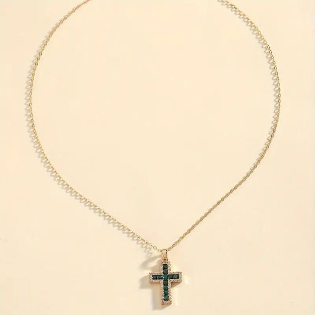 Emerald Cross Pendant Gold Necklace