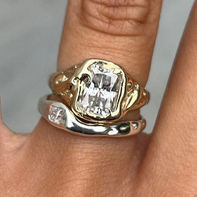 Vintage White Glass Gold & Silver Ring set