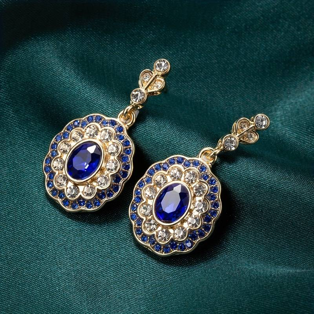 Vintage Gold Blue Crystal Mandala Earrings