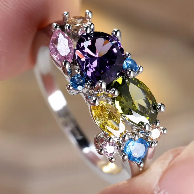 Vintage Colorful Crystal Silvered Ring