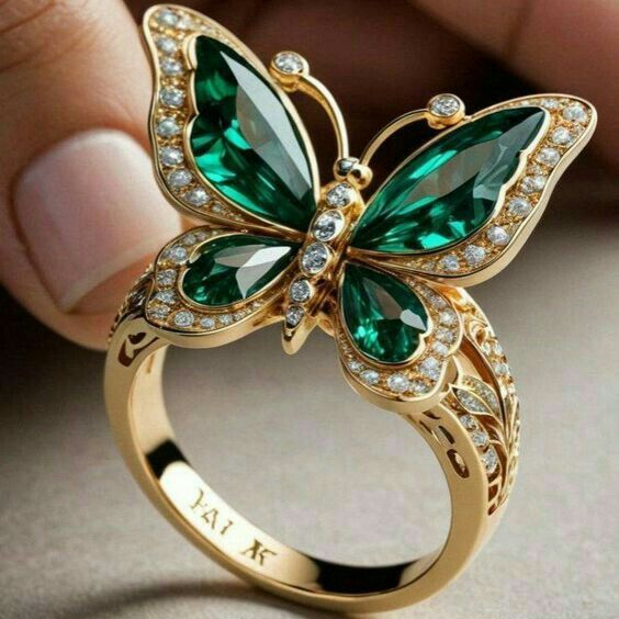 Green Crystalline Butterfly Gold Ring