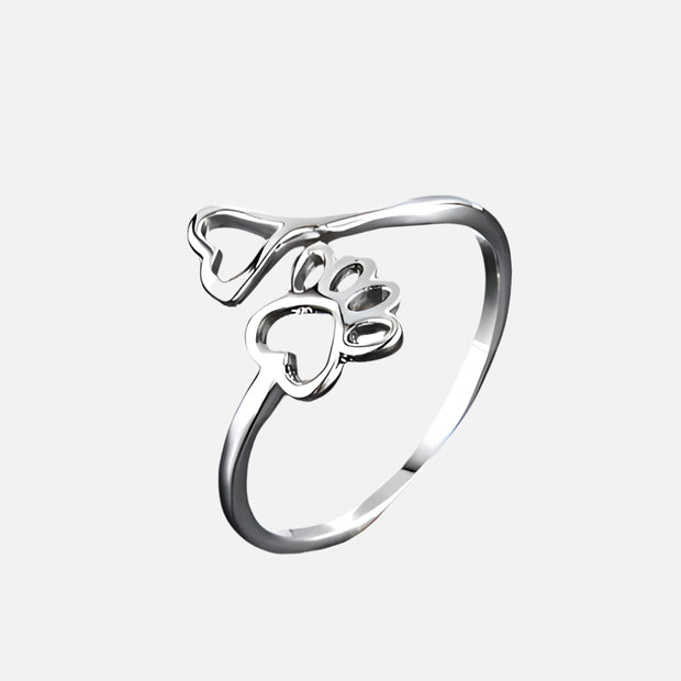 Adjustable Paw & Heart Silver Ring